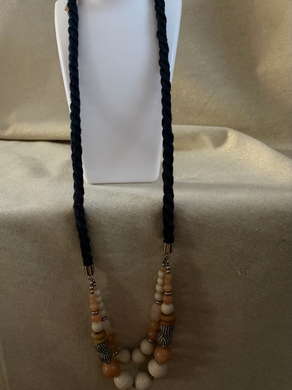 Women's Navy Rope Necklace with Neutral Beads - Picture 2 of 5